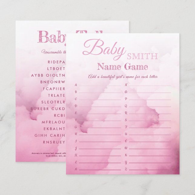 Elegant Girl Baby Shower Name and unscramble game (Front/Back)