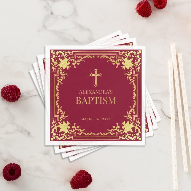 Elegant Girl Baptism Burgundy Faux Gold Foil Cross Napkins (Creator Uploaded)