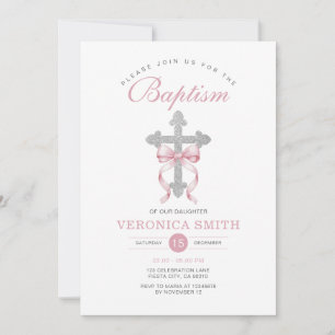 Elegant Girl Baptism Pink Bow Silver Cross Glitter Invitation
