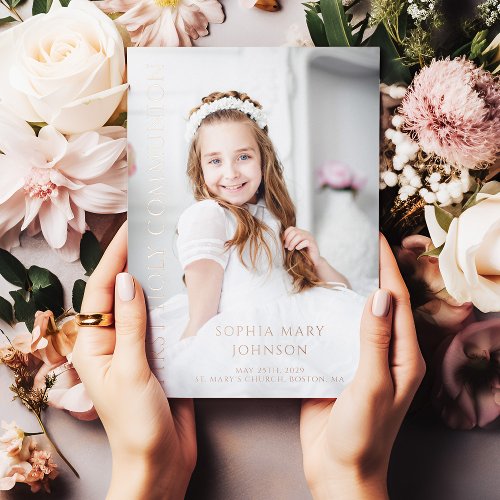 Elegant Girl First Communion Photo Rose Gold Foil Invitation