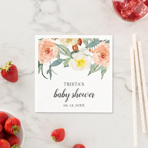 Elegant Girl Peach Floral Baby Shower Napkins