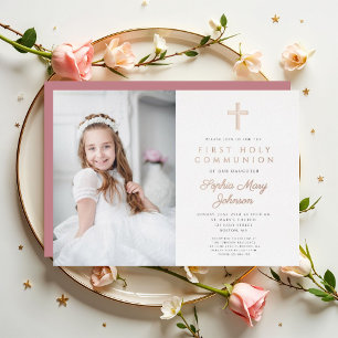 Elegant Girl Photo First Communion Rose Gold Foil Invitation