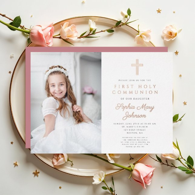 Elegant Girl Photo First Communion Rose Gold Foil Invitation (Elegant Girl Photo First Communion Rose Gold Foil Invitation)