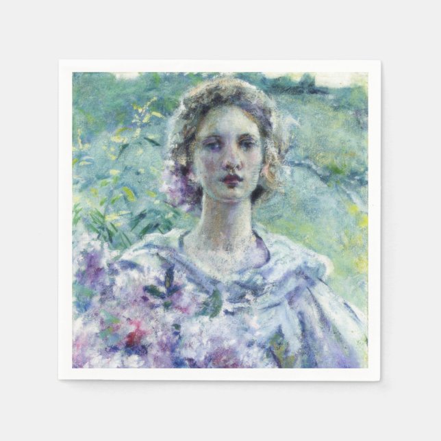 Elegant Girl with Purple Flowers (by Robert Reid) Napkins (Front)