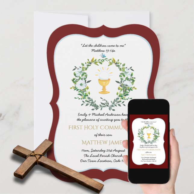 Elegant Girls Burgundy Floral First Holy Communion Invitation (Creator Uploaded)