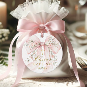 Elegant Girl's Christian Baptism Pink Floral Bow Favor Tags