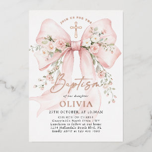 Elegant Girl's Christian Baptism Pink Floral Bow Foil Invitation