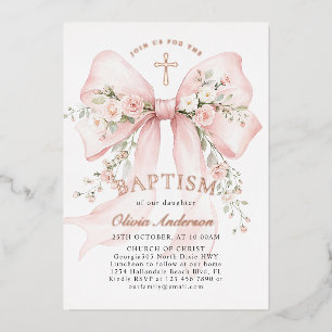 Elegant Girl's Christian Baptism Pink Floral Bow Foil Invitation
