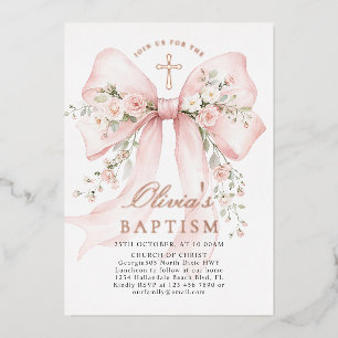Elegant Girl's Christian Baptism Pink Floral Bow Foil Invitation