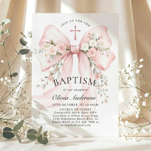 Elegant Girl's Christian Baptism Pink Floral Bow Invitation