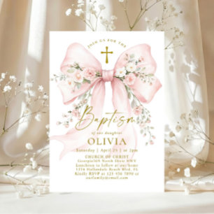 Elegant Girl's Christian Baptism Pink Floral Bow Invitation
