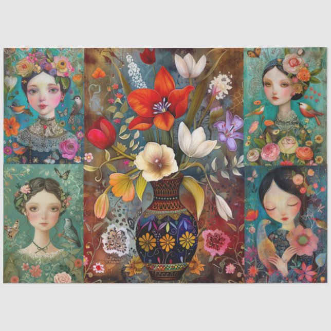 Elegant Girls Colorful Floral Decoupage Collage Tissue Paper (Front)