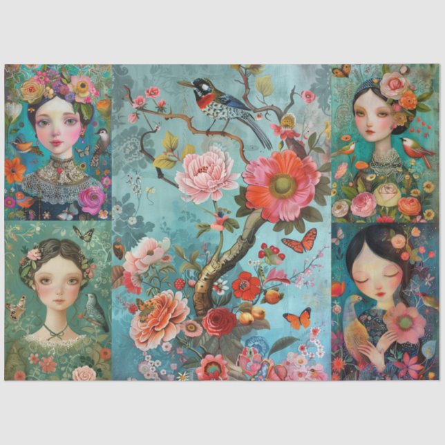 Elegant Girls Colorful Floral Decoupage Collage Tissue Paper (Front)