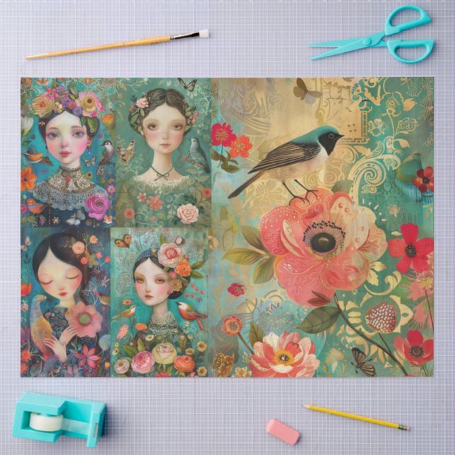 Elegant Girls Colorful Floral Decoupage Collage Tissue Paper (Craft)