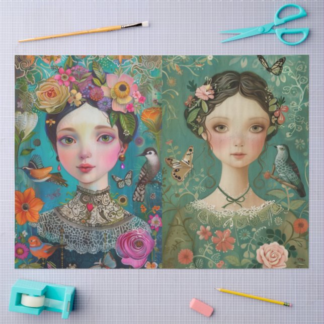 Elegant Girls Colorful Floral Decoupage Collage Tissue Paper (Craft)