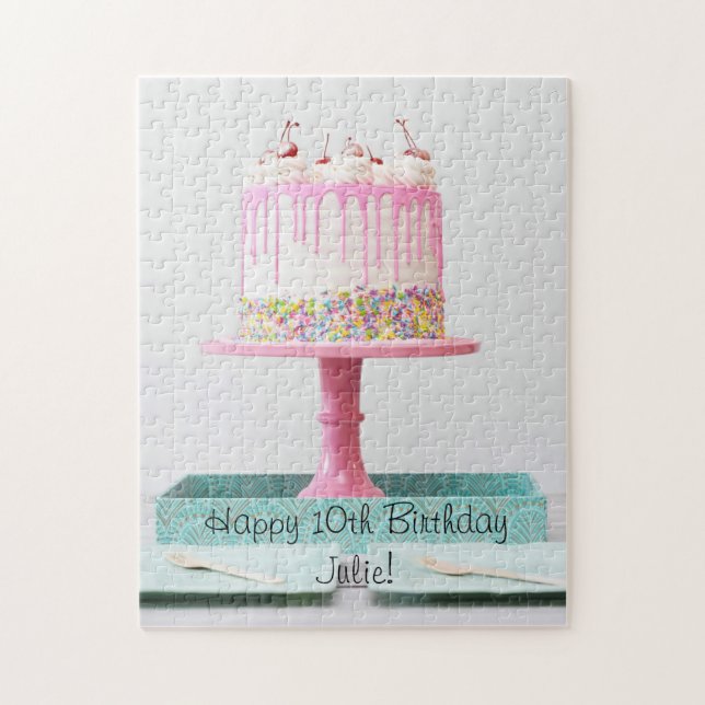 Elegant Girls Pink Cherries Sprinkle Birthday Cake Jigsaw Puzzle (Vertical)