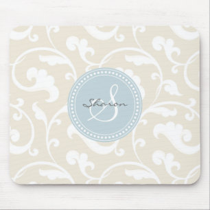 Elegant girly beige floral pattern monogram mouse pad