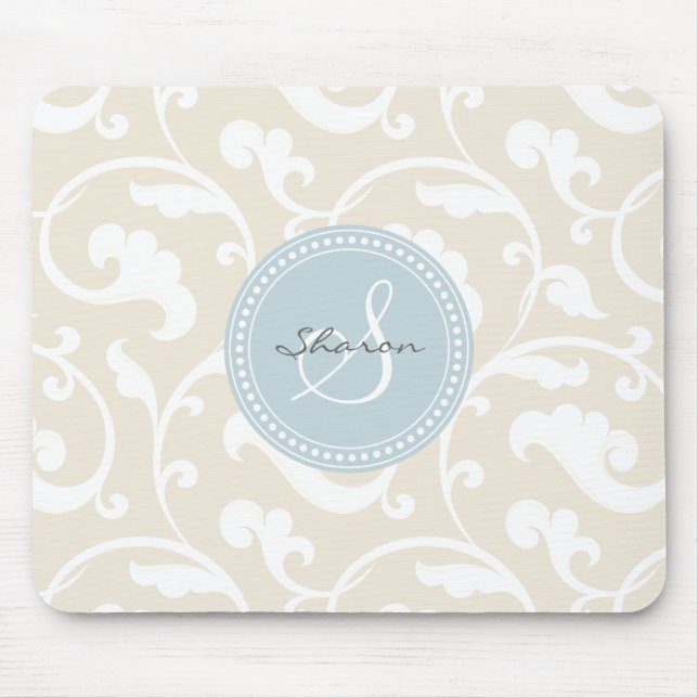 Elegant girly beige floral pattern monogram mouse pad (Front)
