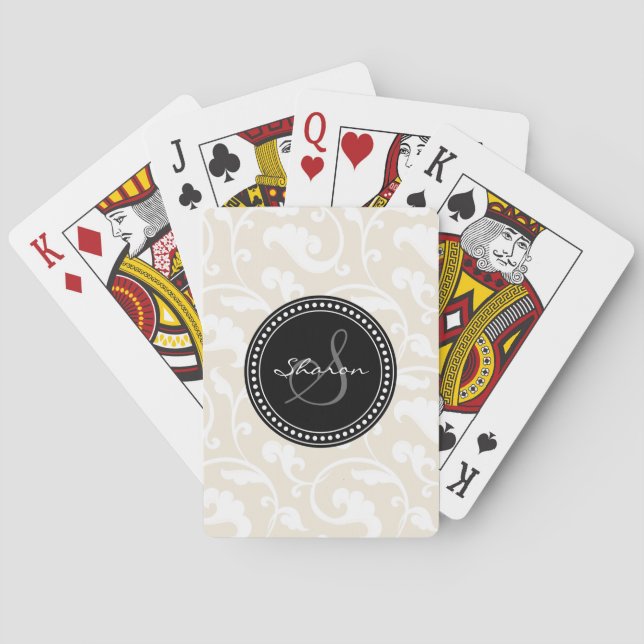 Elegant girly beige floral pattern monogram poker cards (Back)