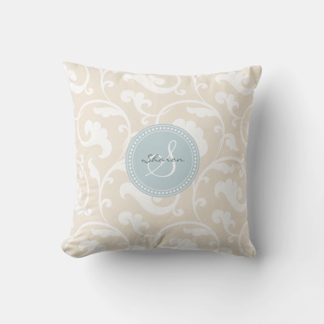 Elegant girly beige floral pattern monogram throw pillow (Front)