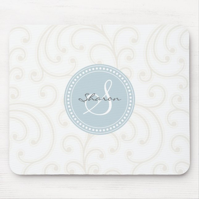Elegant girly beige white floral pattern monogram mouse pad (Front)