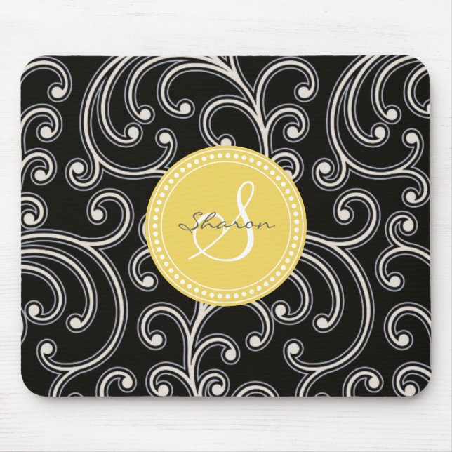 Elegant girly black floral pattern monogram mouse pad (Front)