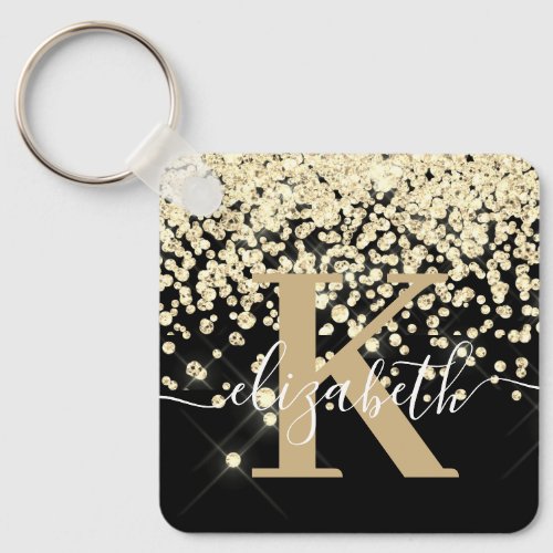 Elegant Girly Black Gold Glitter Diamond Monogram Keychain