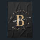 Elegant Girly Black Gold Monogram Name Script Kitchen Towel<br><div class="desc">Girly, elegant, modern, black and gold monogram initial name script custom personalized monogrammed kitchen towel. Featuring a monogram initial and a girly name script in a hand lettered calligraphy swash tail font and dotted circle frame around your monogram. Perfect feminine gift for sister, mother, girlfriend, birthday, wedding, bridal shower, sweet...</div>