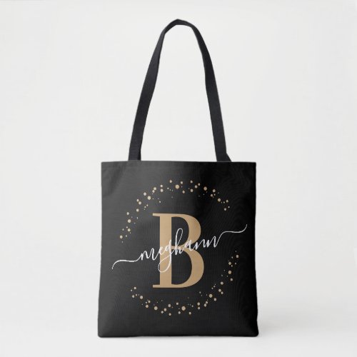 Elegant Girly Black Gold Monogram Name Script Tote Bag