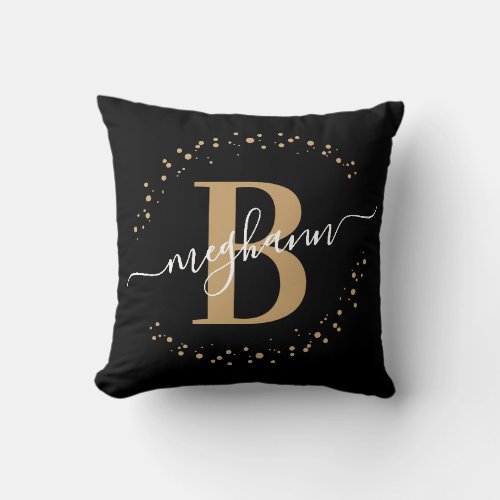 Elegant Girly Black Gold Name Monogram Script Throw Pillow
