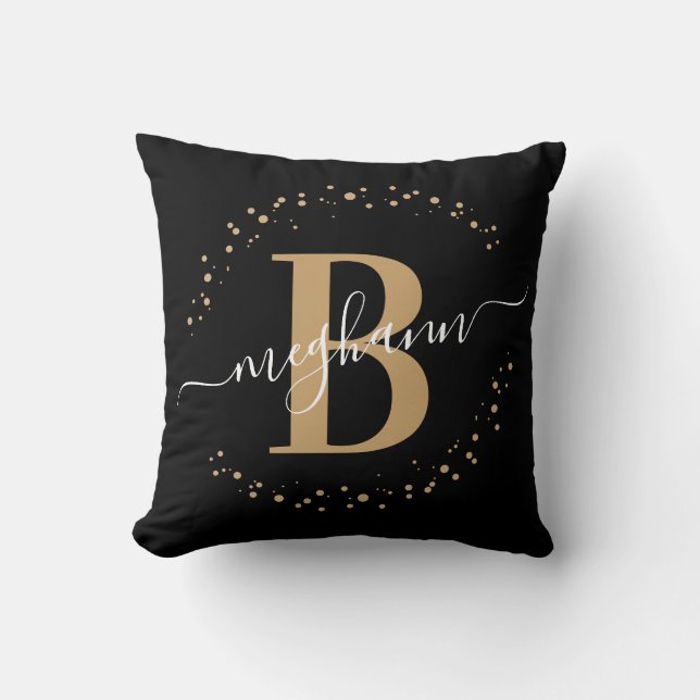 Elegant, Girly Black Gold Name Monogram Script Throw Pillow (Front)