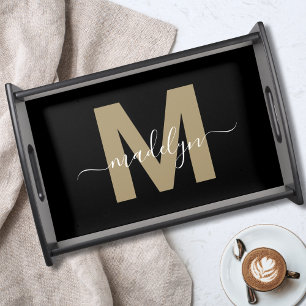 Elegant Girly Black Gold Script Name Monogram Serving Tray