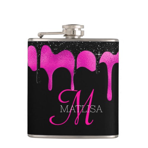 Elegant Girly Black Pink Monogram Dripping Script Flask