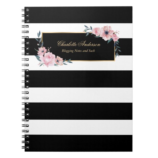 Elegant Girly Black White Stripes Pink Floral Notebook (Front)