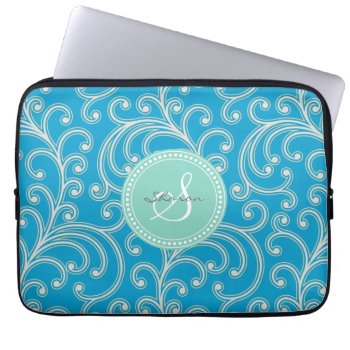 Elegant Girly Blue Floral Pattern Monogram Laptop Sleeve by TintAndBeyond at Zazzle