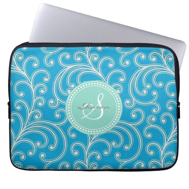 Elegant girly blue floral pattern monogram laptop sleeve (Front)
