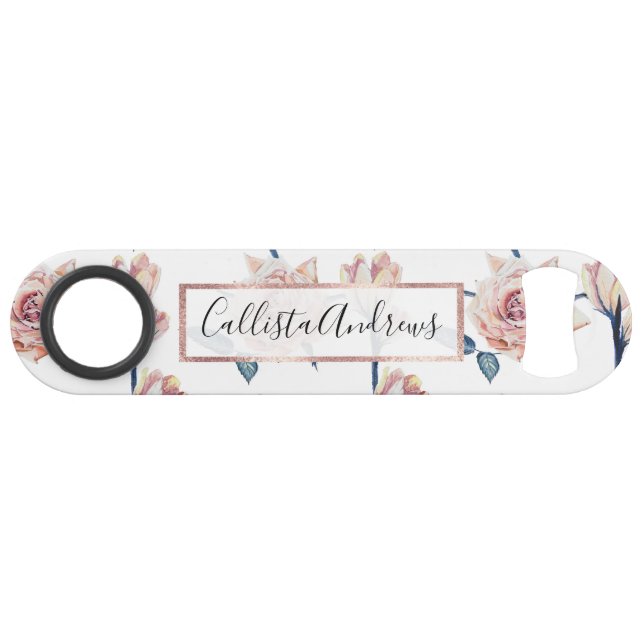 Elegant Girly Blush Pink Blue Painted Roses Bar Key (Front (Horizontal))