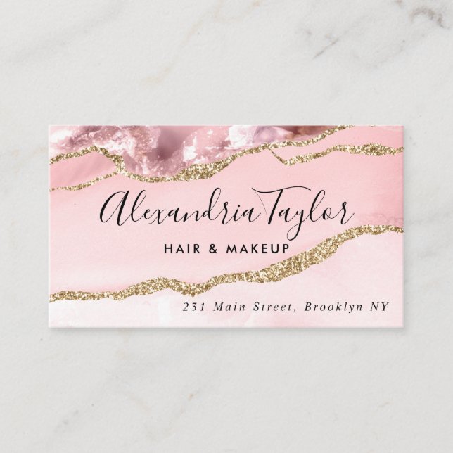 Elegant Girly Blush Pink Gold Glitter Marble Agate Business Card (Front)