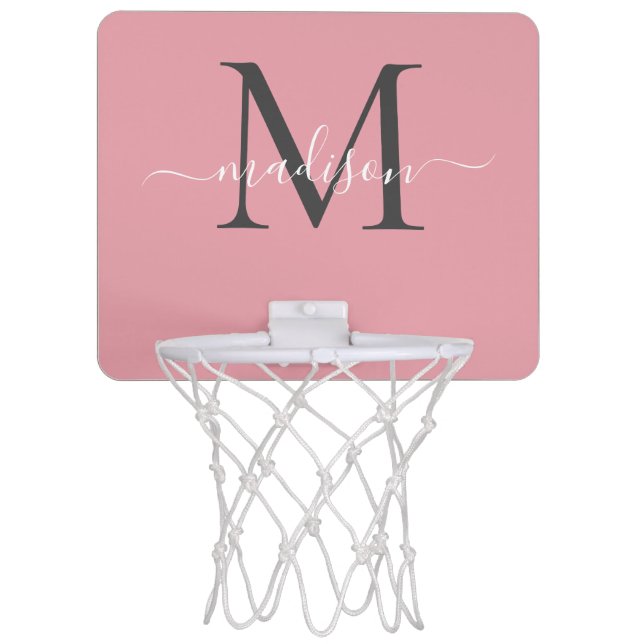 Elegant Girly Blush Pink Gray Monogram Script Name Mini Basketball Hoop (Front)