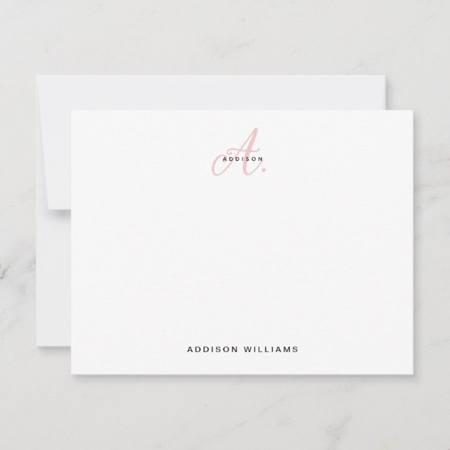 Elegant Girly Blush Pink Script Monogram Note Card (Front)