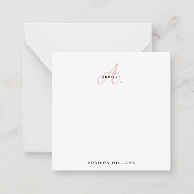 Elegant Girly Blush Pink Script Monogram Note Card (Front)