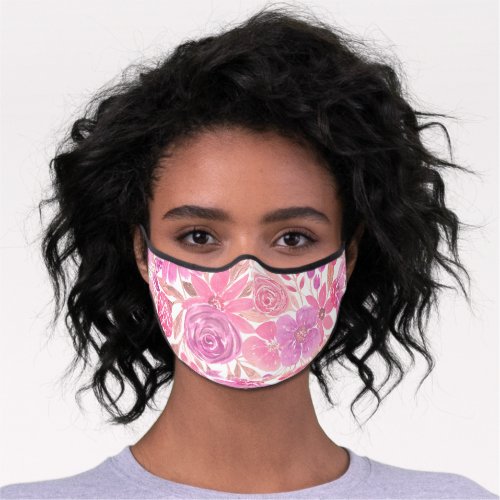 Elegant Girly Bright Pink Floral Watercolor Premium Face Mask