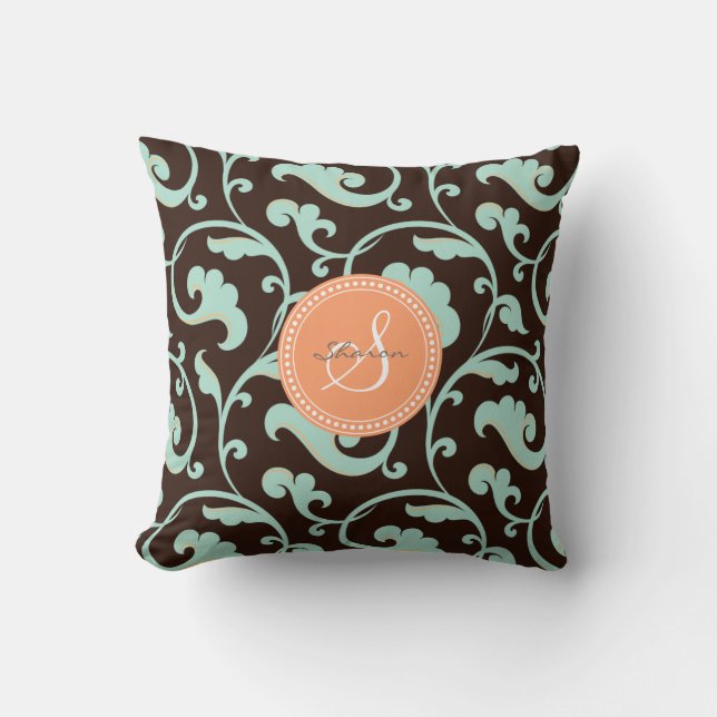 Elegant girly brown floral pattern monogram throw pillow (Front)
