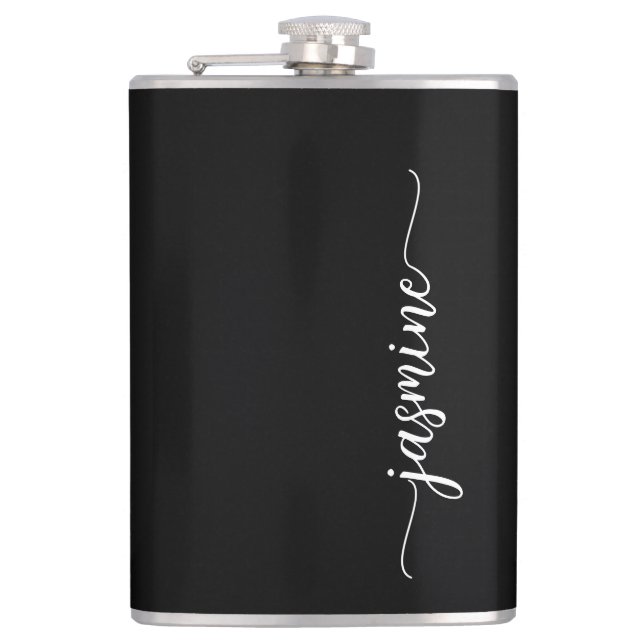 Elegant Girly Calligraphy Black Monogram Name Flask (Front)
