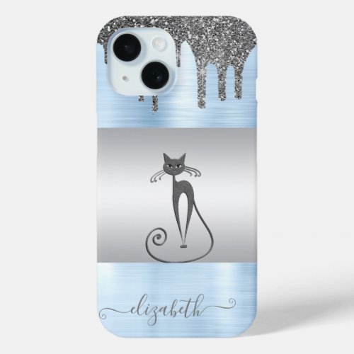 Elegant GirlyCat Glitter Drips Blue Metallic iPhone 15 Case