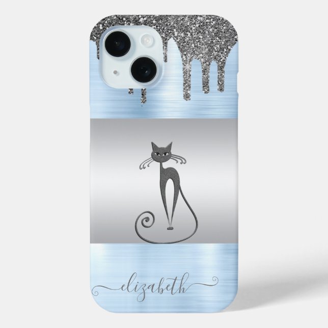Elegant Girly,Cat Glitter Drips Blue Metallic Case-Mate iPhone Case (Back)