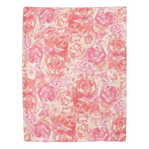 Elegant Girly Chic Coral Pink Watercolor Roses Duvet Cover