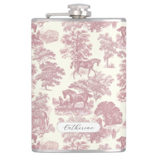 Elegant Girly Chic Pink Horse Toile Name Flask
