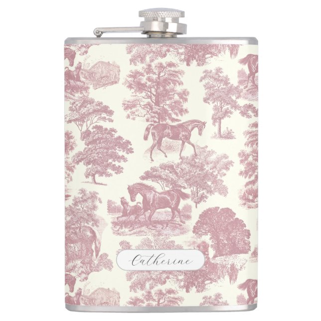 Elegant Girly Chic Pink Horse Toile Name Flask (Front)