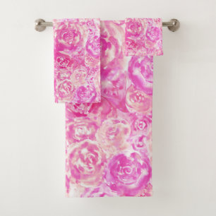 Elegant Girly Chic Pink Watercolor Roses  Bath Towel Set